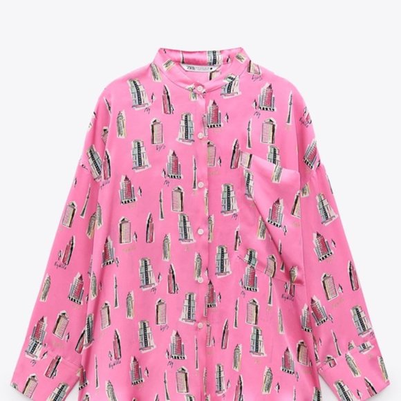 Zara Printed Buildings Nightlife Satin Shirt Pink - Picture 3 of 10